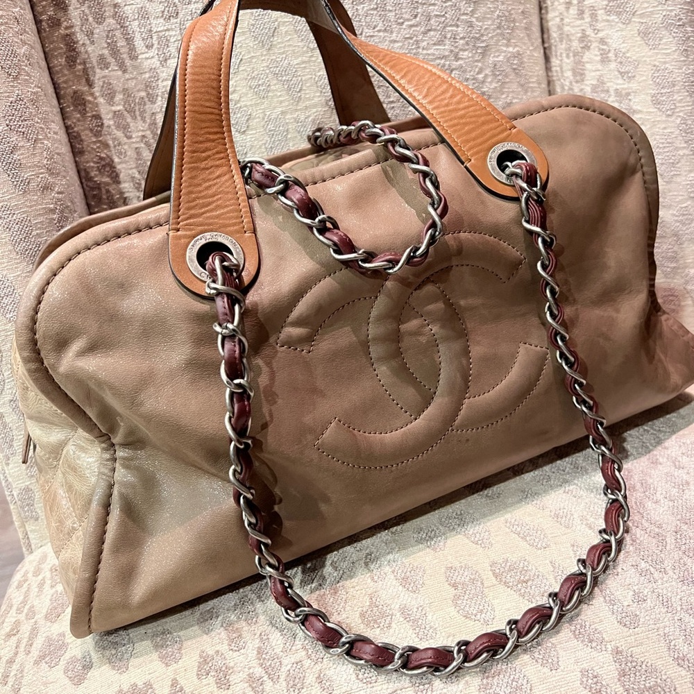 Sold! Chanel Iridescent Leather Beige Boston Bag with Maroon double straps